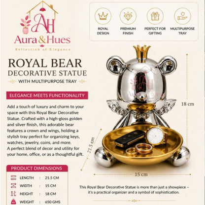 Royal Bear Silver Decorative Statue with Multipurpose Golden Tray
