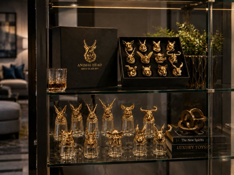 Luxury Animal Head Shot Glass Set with Black Gift Box, Premium  Golden Finish Barware