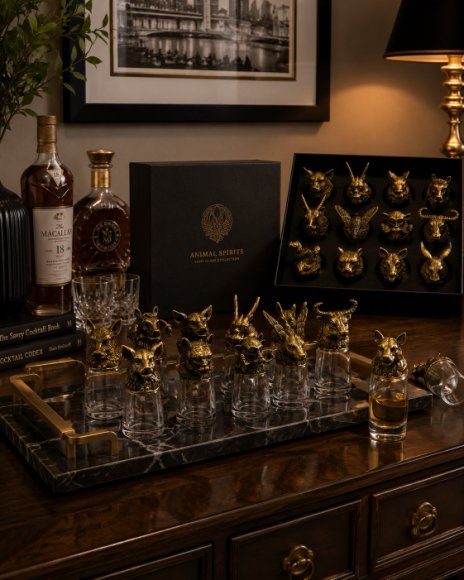 Luxury Animal Head Shot Glass Set with Black Gift Box, Premium Antique Finish Barware