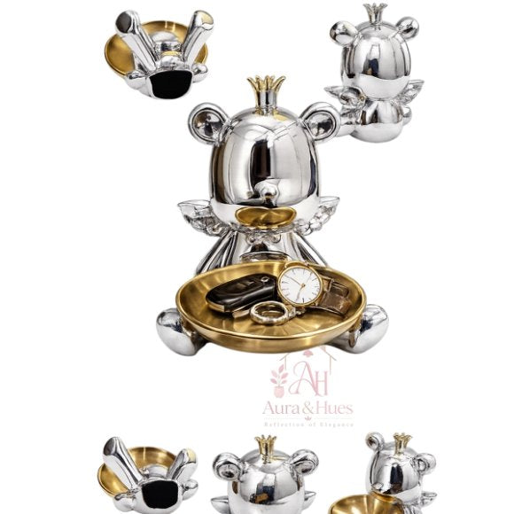 Royal Bear Silver Decorative Statue with Multipurpose Golden Tray