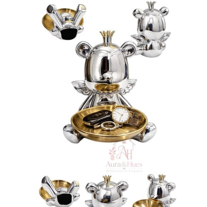 Royal Bear Silver Decorative Statue with Multipurpose Golden Tray