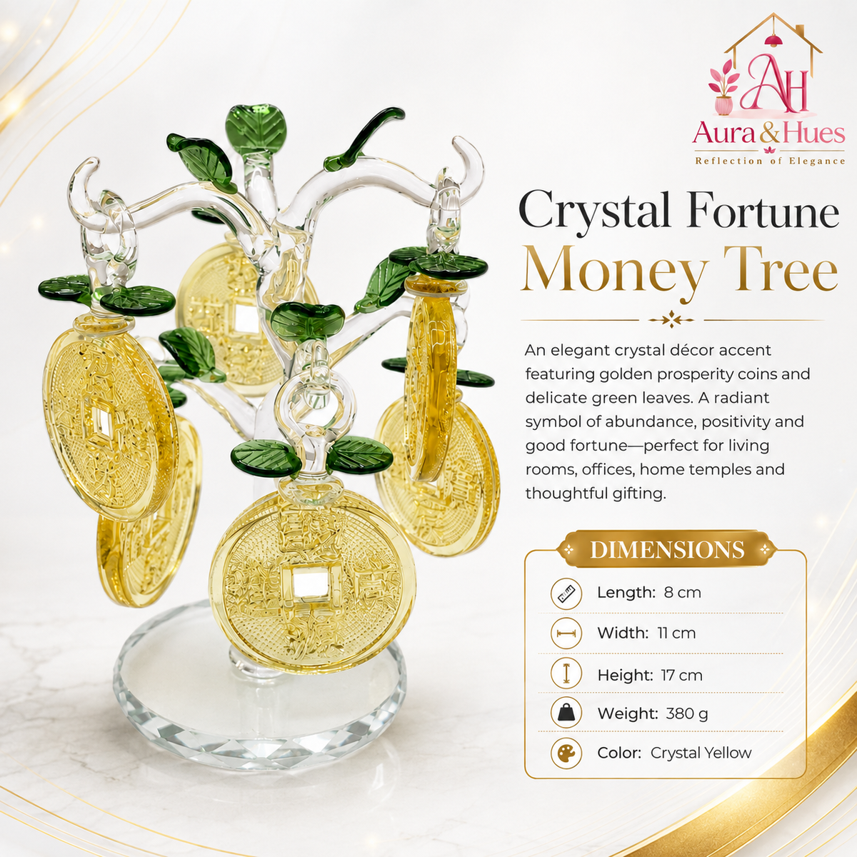 Aura & Hues Crystal Fortune Money Tree Handcrafted Golden Prosperity Coin Sculpture for Feng Shui Vastu Wealth Decor & Festive Office Gifting