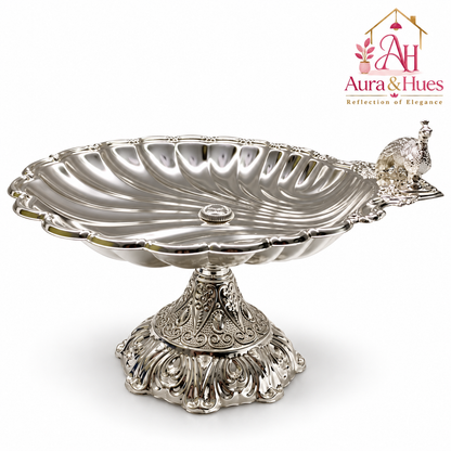 Aura & Hues Royal Large Footed Round Serving Platter and Cake Stand with Embossed Peacock Motif, Nut Bolt Fitting & Diamond Studs (Silver, 33.5 cm)