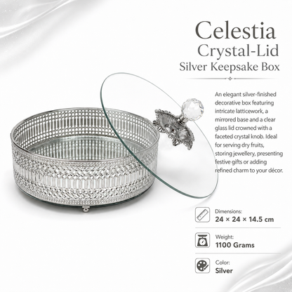 Aura & Hues Celestia Crystal-Lid Silver Keepsake Box Round Metal Decorative Box with Mirrored Base and Glass Lid for Dry Fruits and Jewellery
