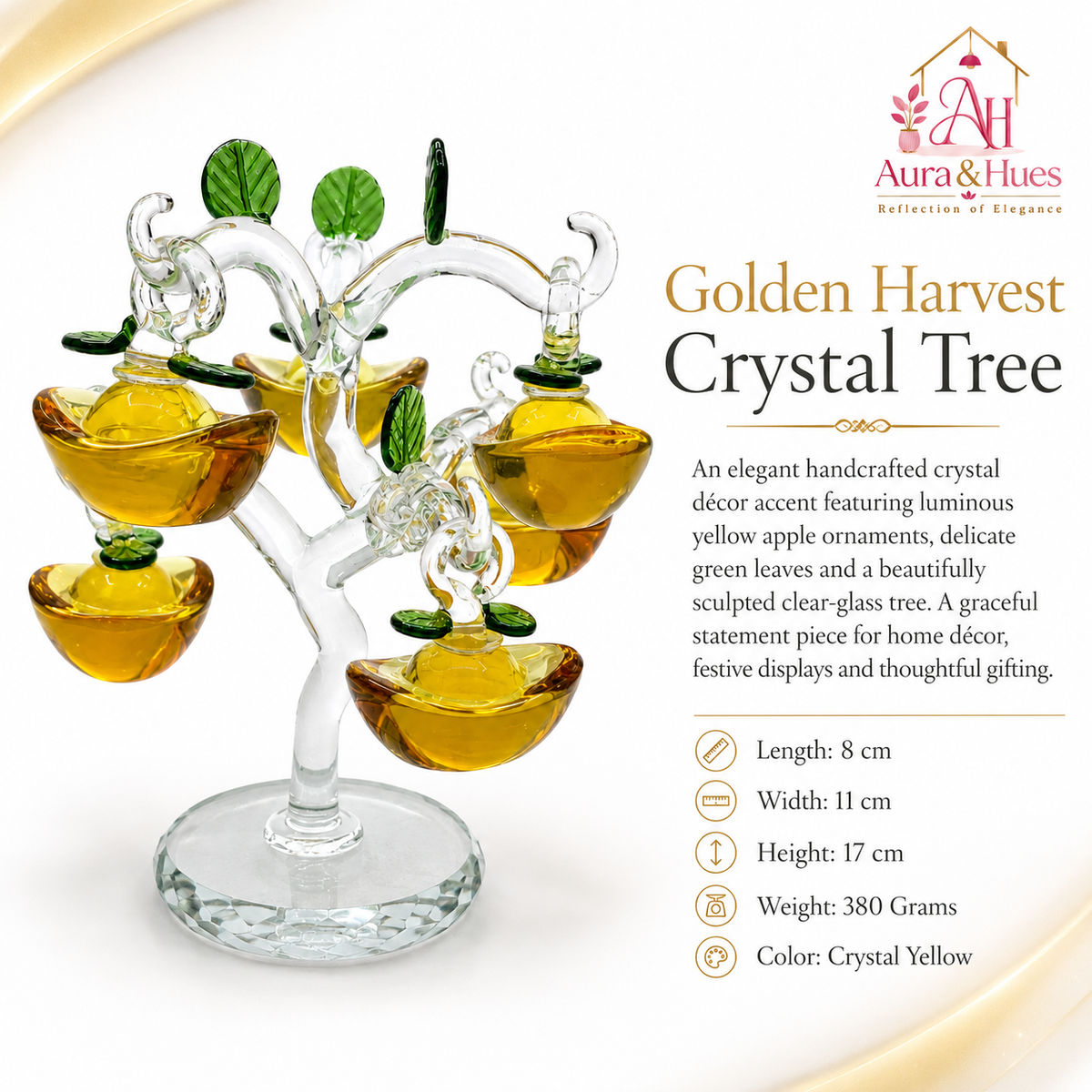 Aura & Hues Golden Harvest Crystal Tree Handcrafted Yellow Apple Glass Sculpture for Home Decor Living Room Table Centerpiece & Festive Gifting