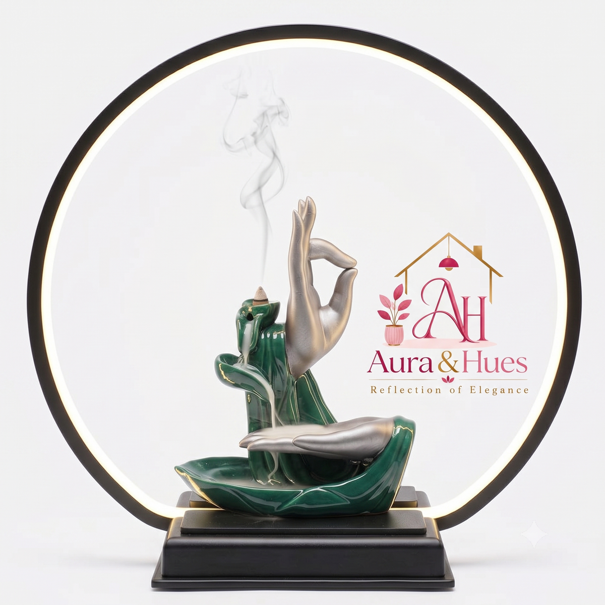 Aura & Hues 14-Inch Backflow Incense Waterfall Mountain Burner with LED Ring Light