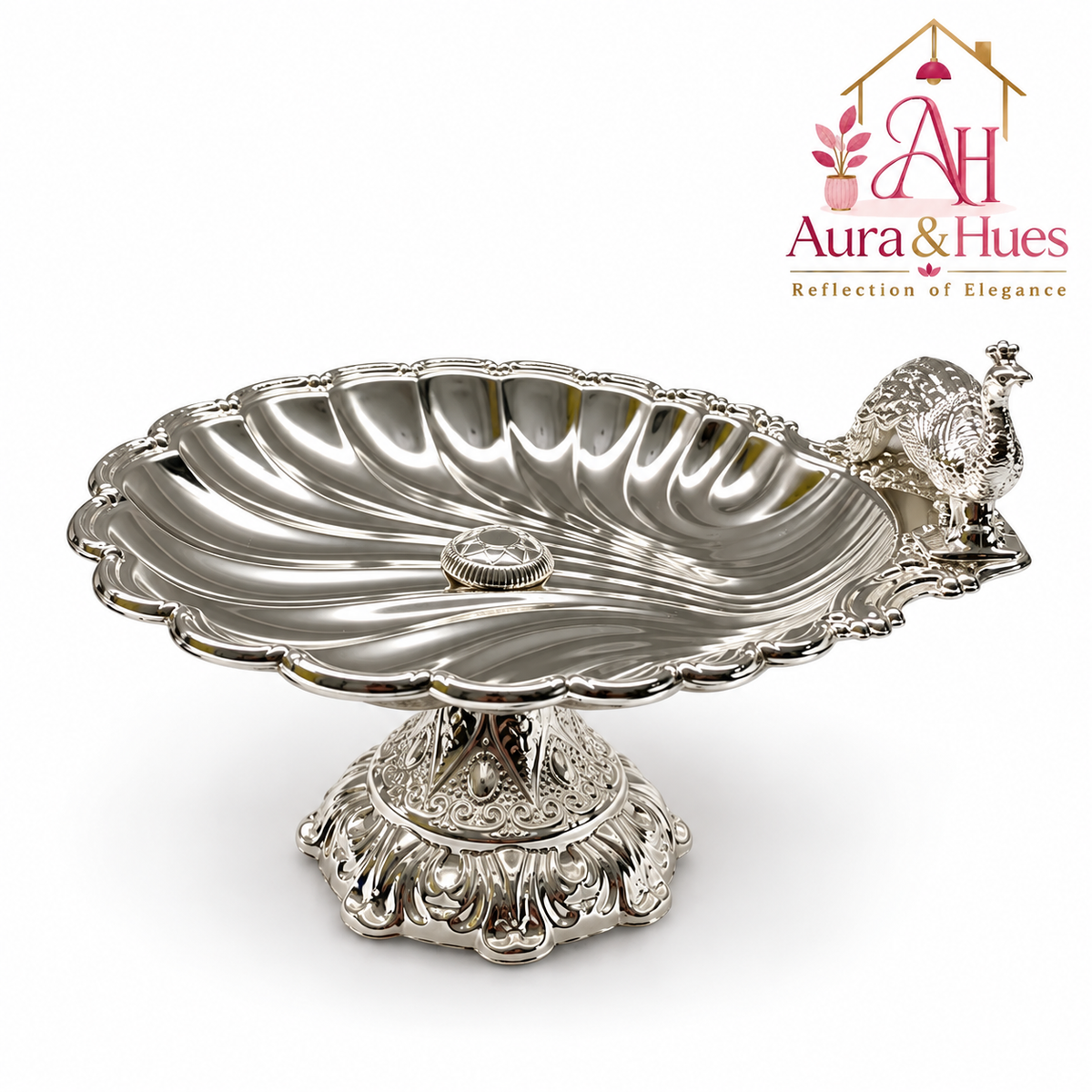 Aura & Hues Elegant Small Footed Round Serving Platter Pedestal Stand with Majestic Peacock Engraving & Nut Bolt Assembly (Silver, 22.5 cm)