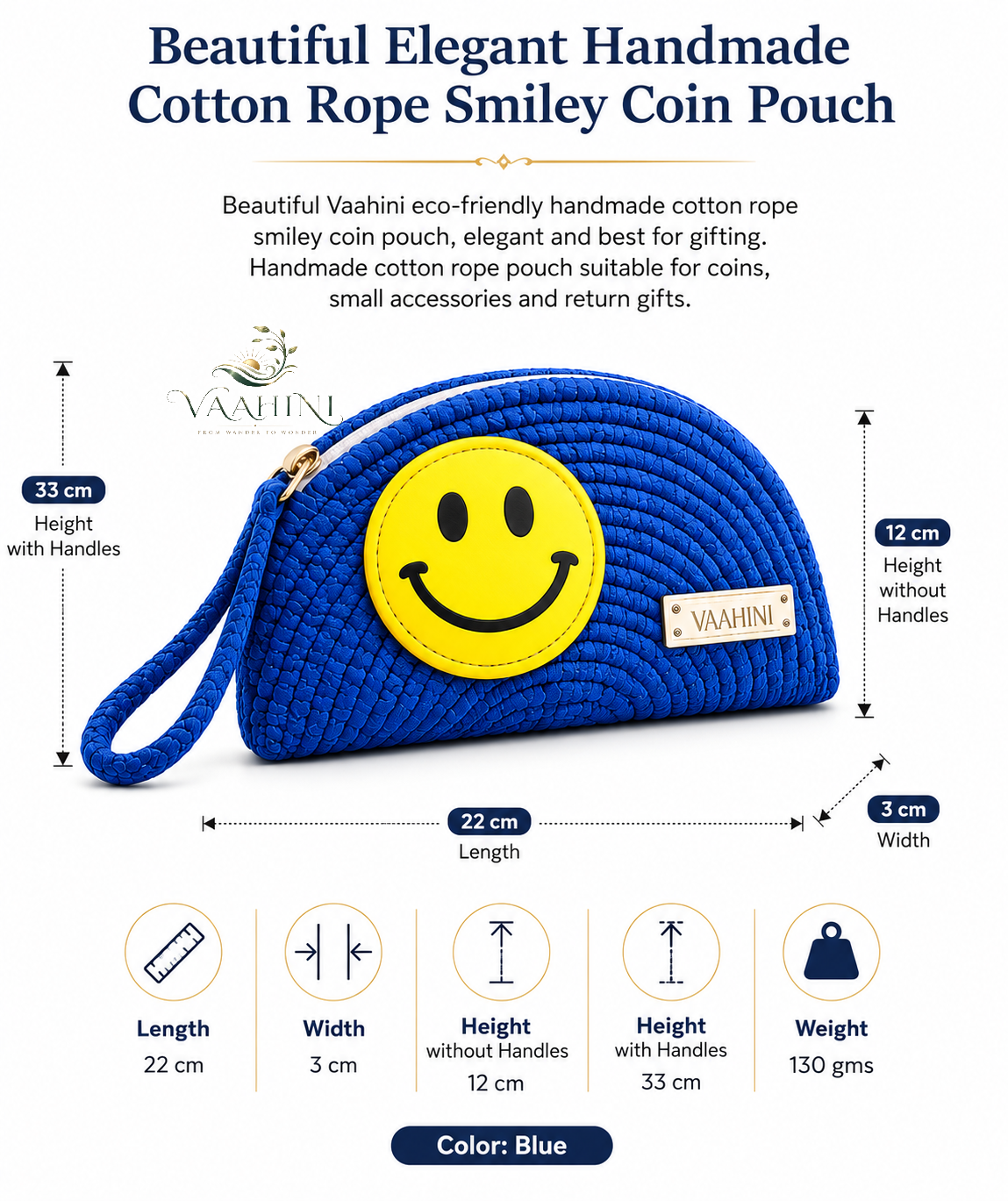 Vaahini Cotton Rope Smiley Coin Pouch Blue - Lifestyle with logo