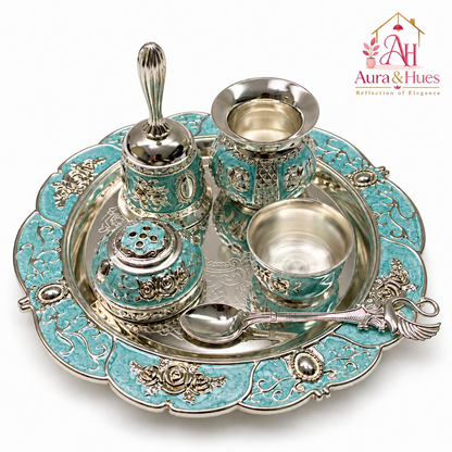 Aura & Hues Handcrafted Small Decorative Pooja Thali Gift Box Set with 5 Festive Accessories - Elegant Light Blue Enamel Finish (20.5 x 20.5 cm)