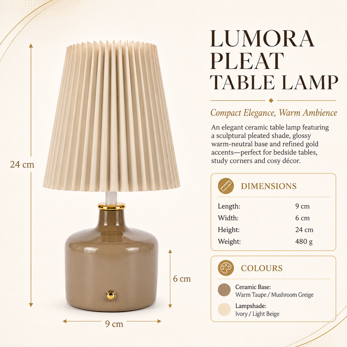 Aura & Hues Lumora Pleat Table Lamp Elegant Sculptural Ceramic Accent Lighting with Cream Pleated Shade for Bedside and Living Decor