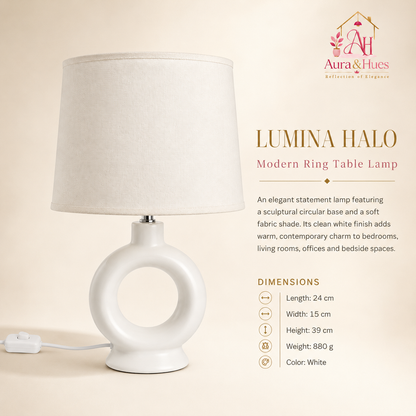 Aura & Hues Elegant Modern White Ceramic Table Lamp with Fabric Drum Shade for Living Room and Bedside Nightstand Decor