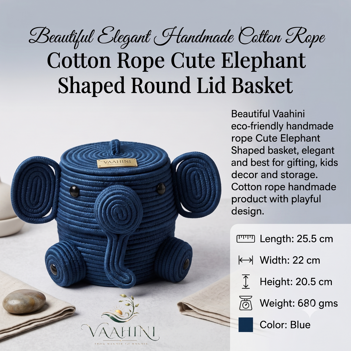 Cotton rope elephant basket in blue - transparent background