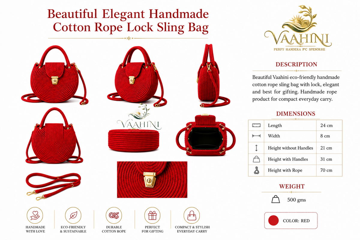 Vaahini Cotton Rope Round Sling Bag - Red - Gift Box