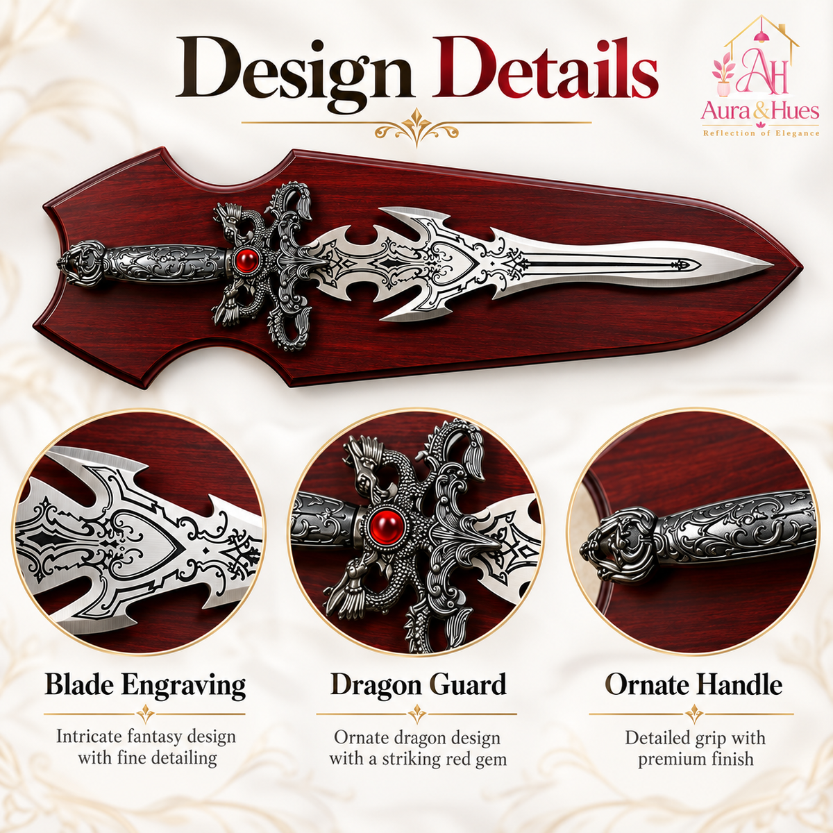 Swords - Fantasy Dragon Guard Red Diamond Sword with Wall Hanging Board