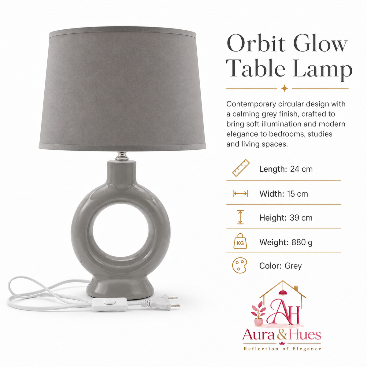 Aura & Hues Contemporary Sleek Grey Ceramic Table Lamp with Fabric Drum Shade for Home Office and Bedroom Accent Lighting
