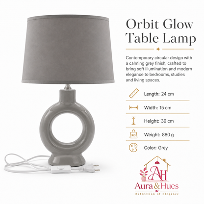 Aura & Hues Contemporary Sleek Grey Ceramic Table Lamp with Fabric Drum Shade for Home Office and Bedroom Accent Lighting