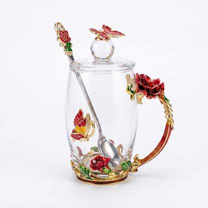Aura & Hues  Gold Handpainted Ceramic Coffee Mug with Lid & Spoon 250ml - Crimson Red