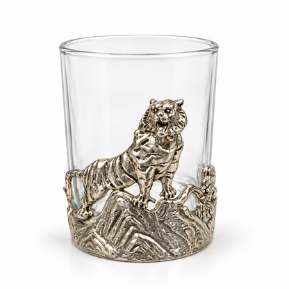Aura & Hues Luxury Galloping Tiger Whiskey Glass 300ml - Silver Embossed Barware