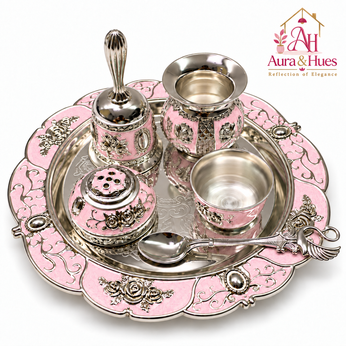 Aura & Hues Handcrafted Small Decorative Pooja Thali Gift Box Set with 5 Festive Accessories - Elegant Light Pink Enamel Finish (20.5 x 20.5 cm)