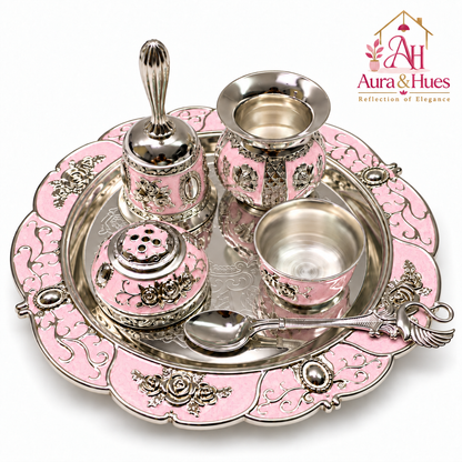 Aura & Hues Handcrafted Small Decorative Pooja Thali Gift Box Set with 5 Festive Accessories - Elegant Light Pink Enamel Finish (20.5 x 20.5 cm)