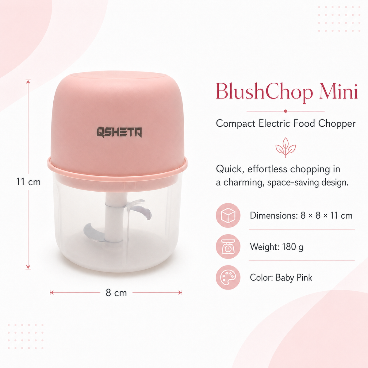 Aura & Hues BlushChop Mini Compact Electric Food Chopper and Garlic Mixer Portable Wireless Kitchen Processor for Quick Meal Prep