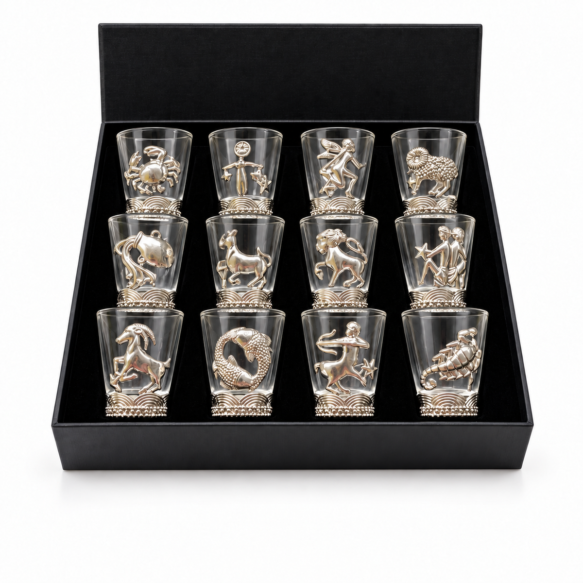 Aura & Hues 12-Piece Zodiac Sign Silver Whiskey Glass Set - 300ml Luxury Barware