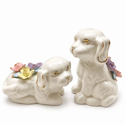 Aura & Hues 12-Inch Handcrafted Porcelain Dog Statue - Ivory White & Gold Accent Figurine