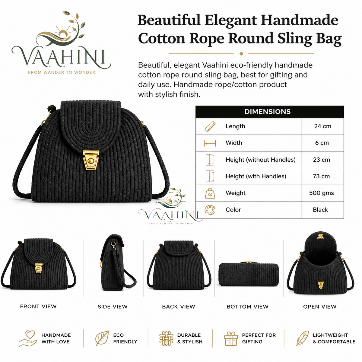 Vaahini Cotton Rope Round Sling Bag - Multiple Angles