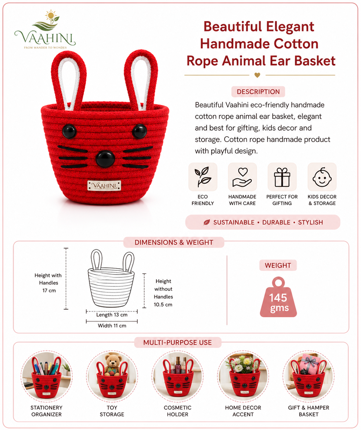Vaahini Red Cotton Rope Cat Basket as gift hamper