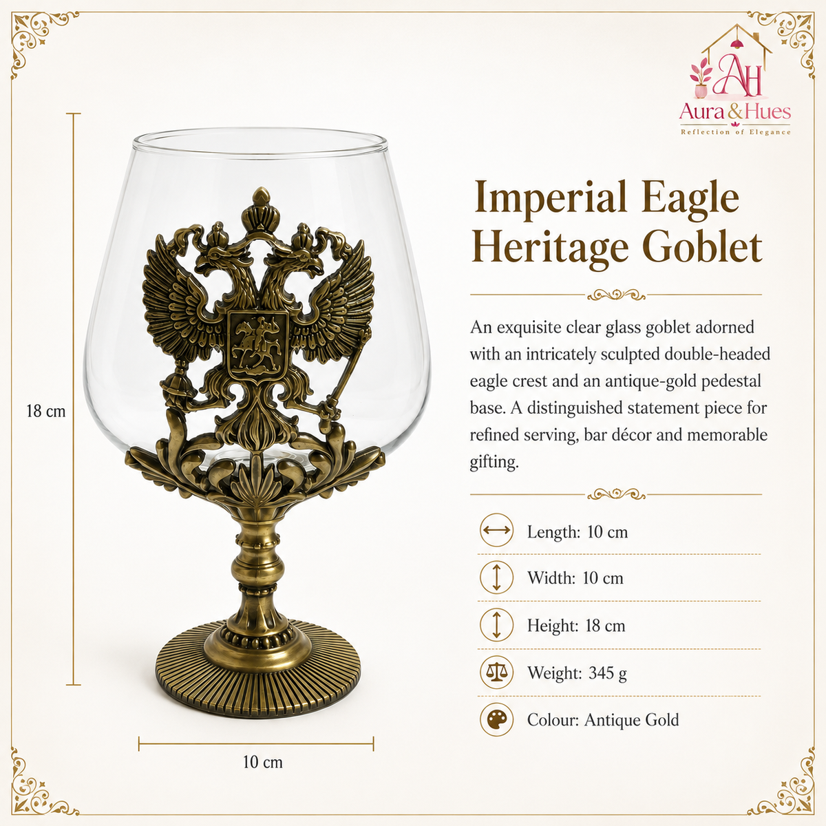 Aura & Hues Imperial Eagle Heritage Goblet Handcrafted Vintage Antique Gold Wine Glass Chalice with Double Headed Eagle for Bar Decor