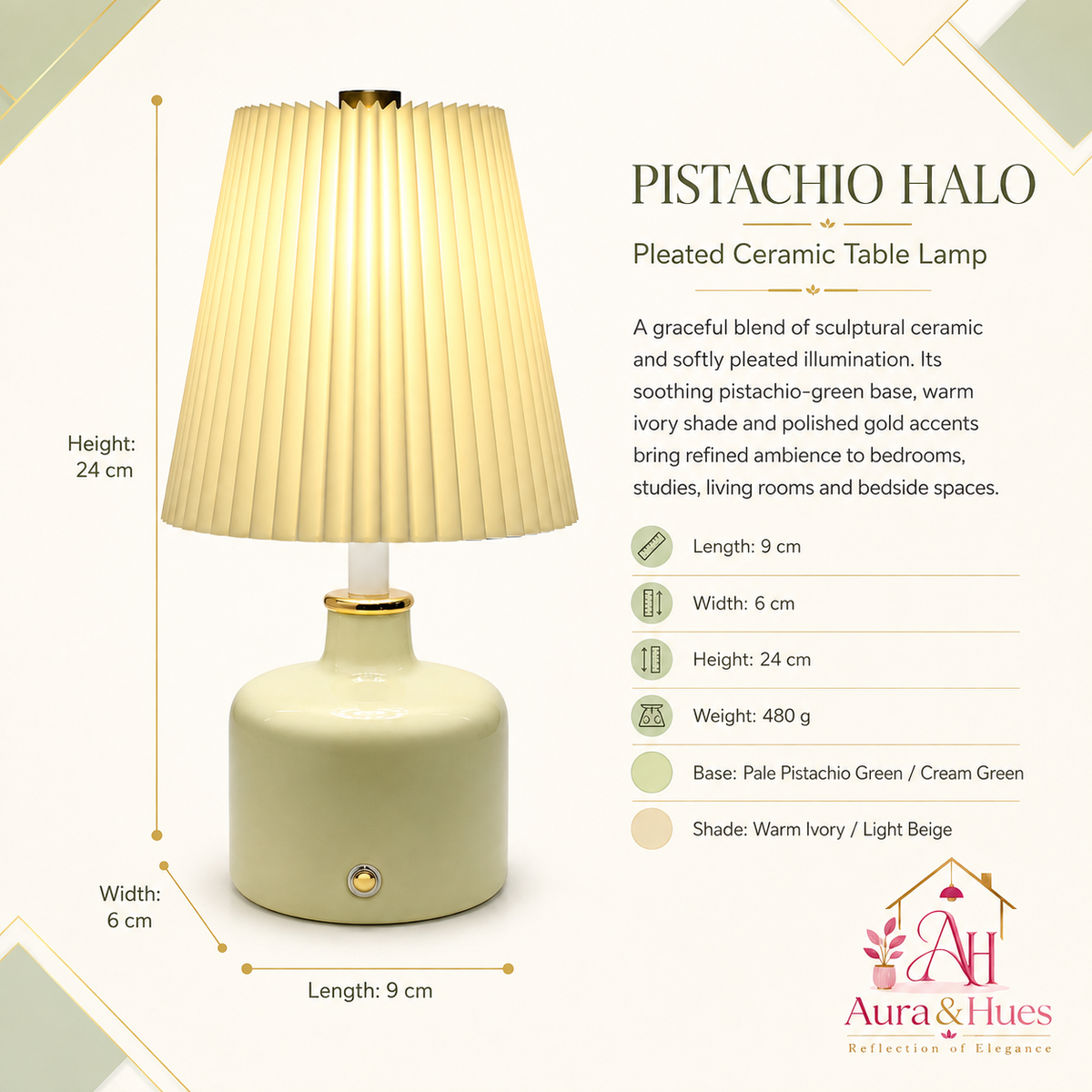 Aura & Hues Pistachio Halo Pleated Ceramic Table Lamp Elegant Sage Green Accent Light with Warm Ivory Shade for Bedside & Desk Decor