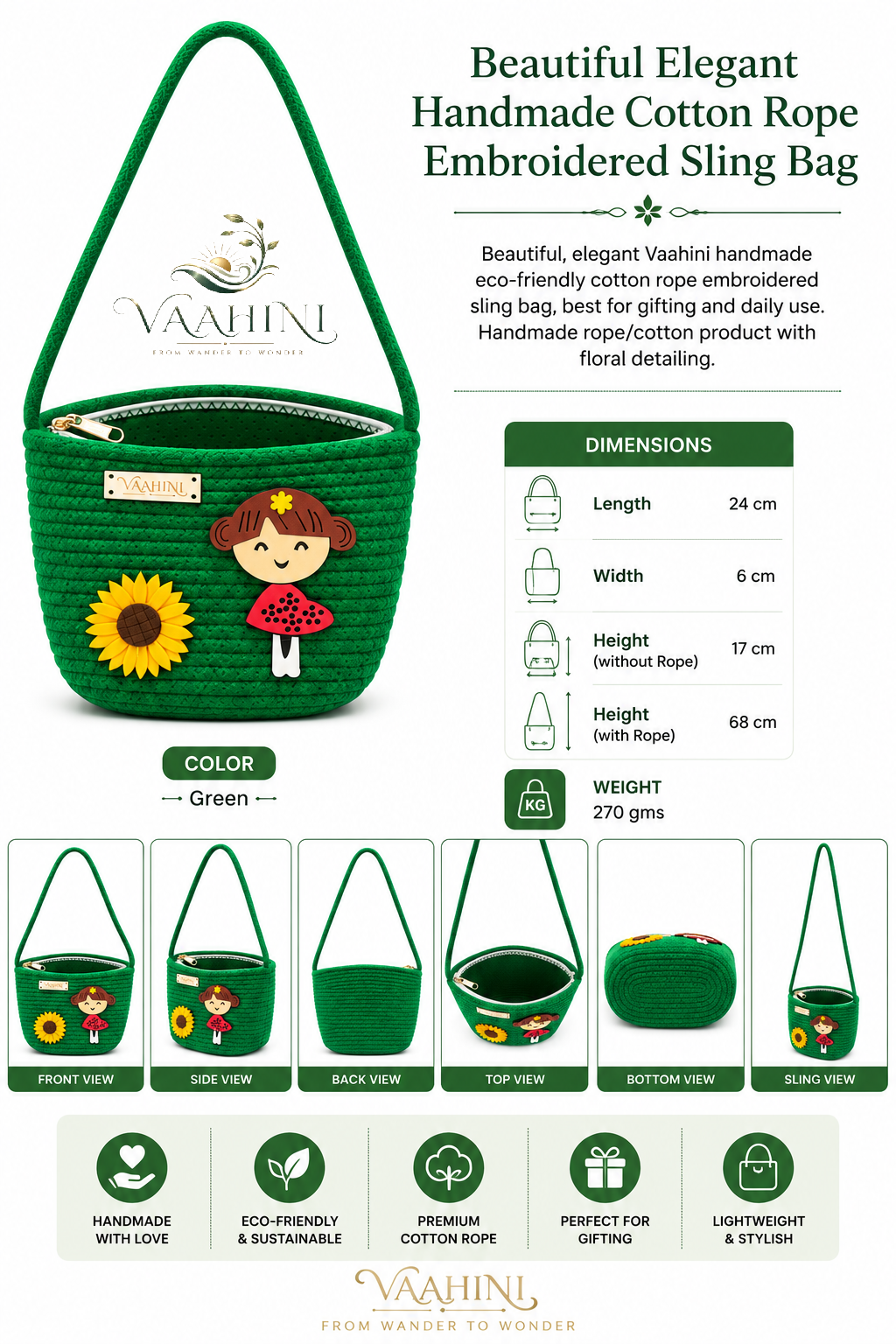 Vaahini Cotton Rope Doll Sling Bag Green - Lifestyle wander companion