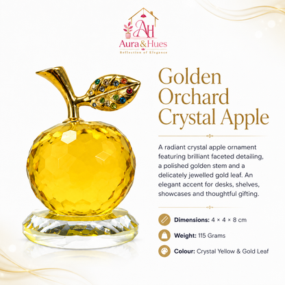 Aura & Hues Golden Orchard Crystal Apple Radiant Amber Yellow Faceted Glass Figurine with Jewelled Gold Leaf for Home Decor and Gifting