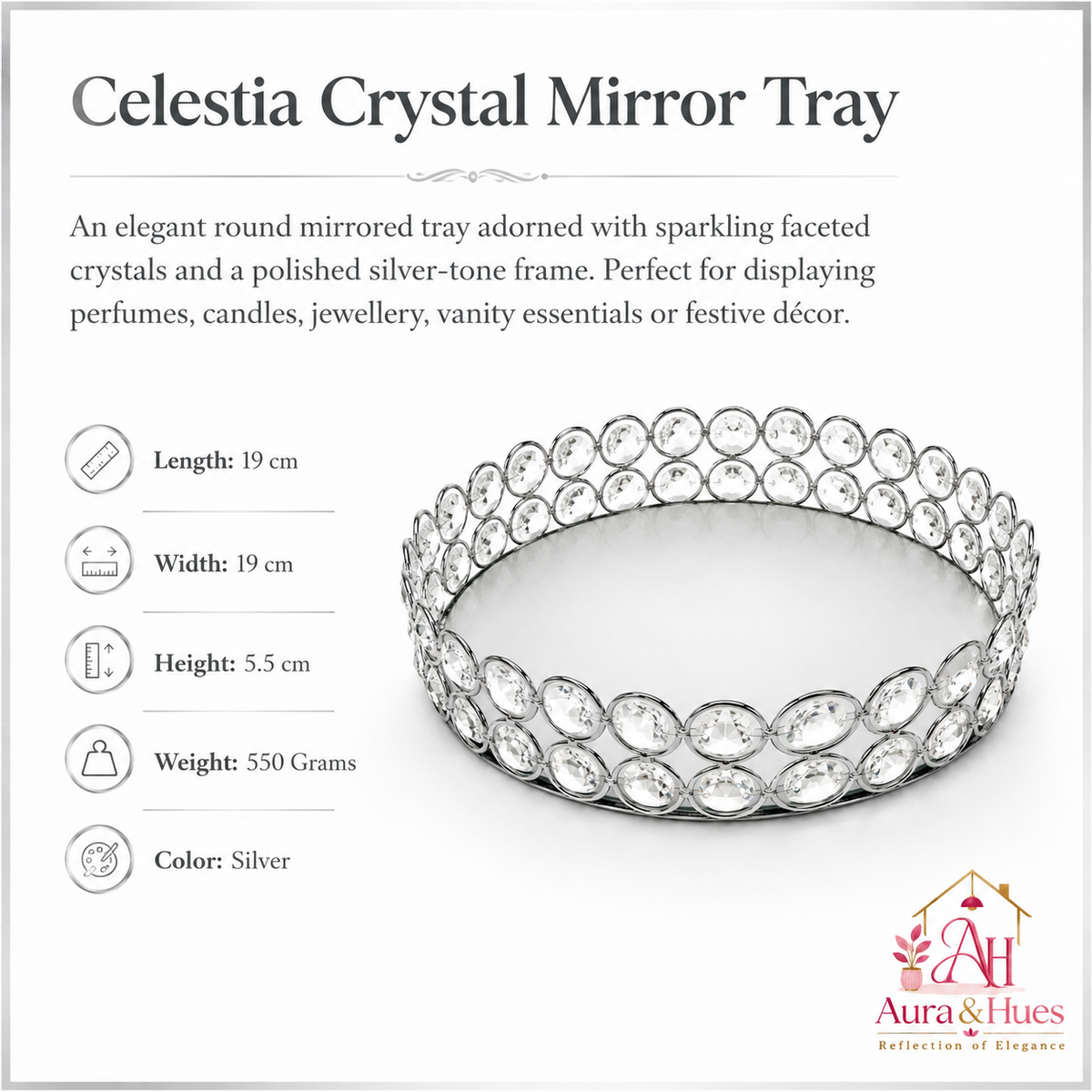 Aura & Hues Celestia Crystal Mirror Tray Round Silver Decorative Vanity Tray with Faceted Crystals for Perfumes, Candles, and Tabletop Decor