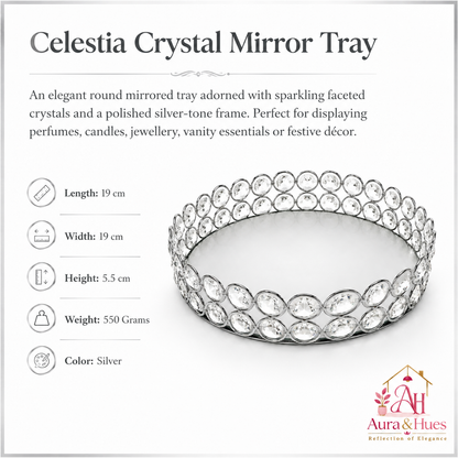 Aura & Hues Celestia Crystal Mirror Tray Round Silver Decorative Vanity Tray with Faceted Crystals for Perfumes, Candles, and Tabletop Decor