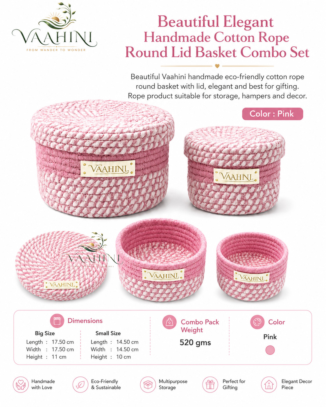 Vaahini Cotton Rope Combo Pack Storage Baskets with Lid - Pink - Detail Views