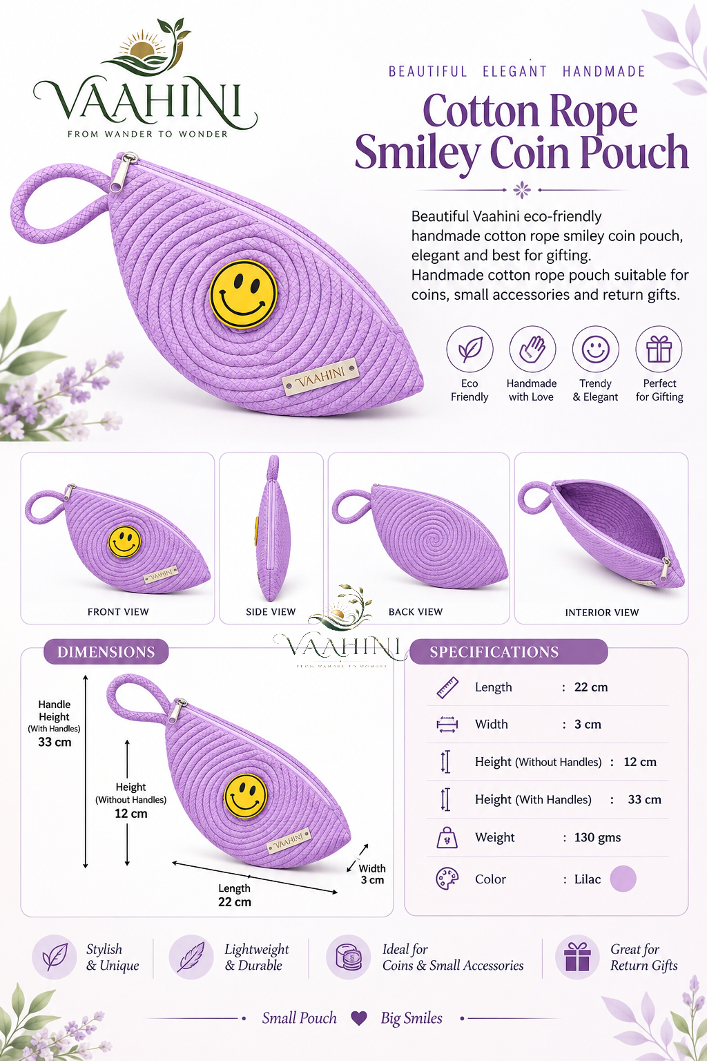 Vaahini Cotton Rope Smiley Coin Pouch Lilac - lifestyle shot on pink background