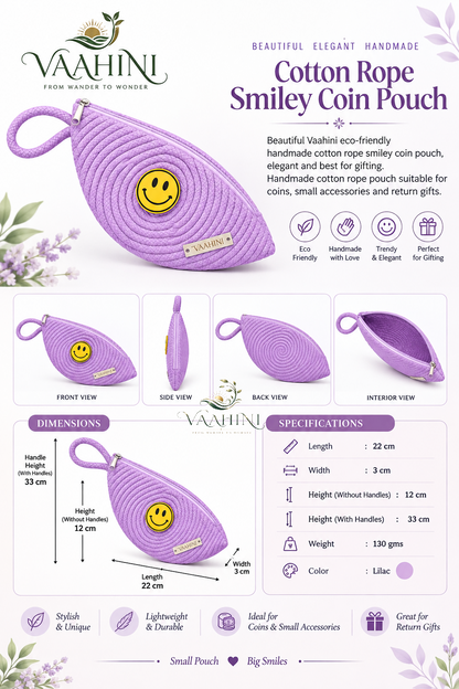 Vaahini Cotton Rope Smiley Coin Pouch Lilac - lifestyle shot on pink background