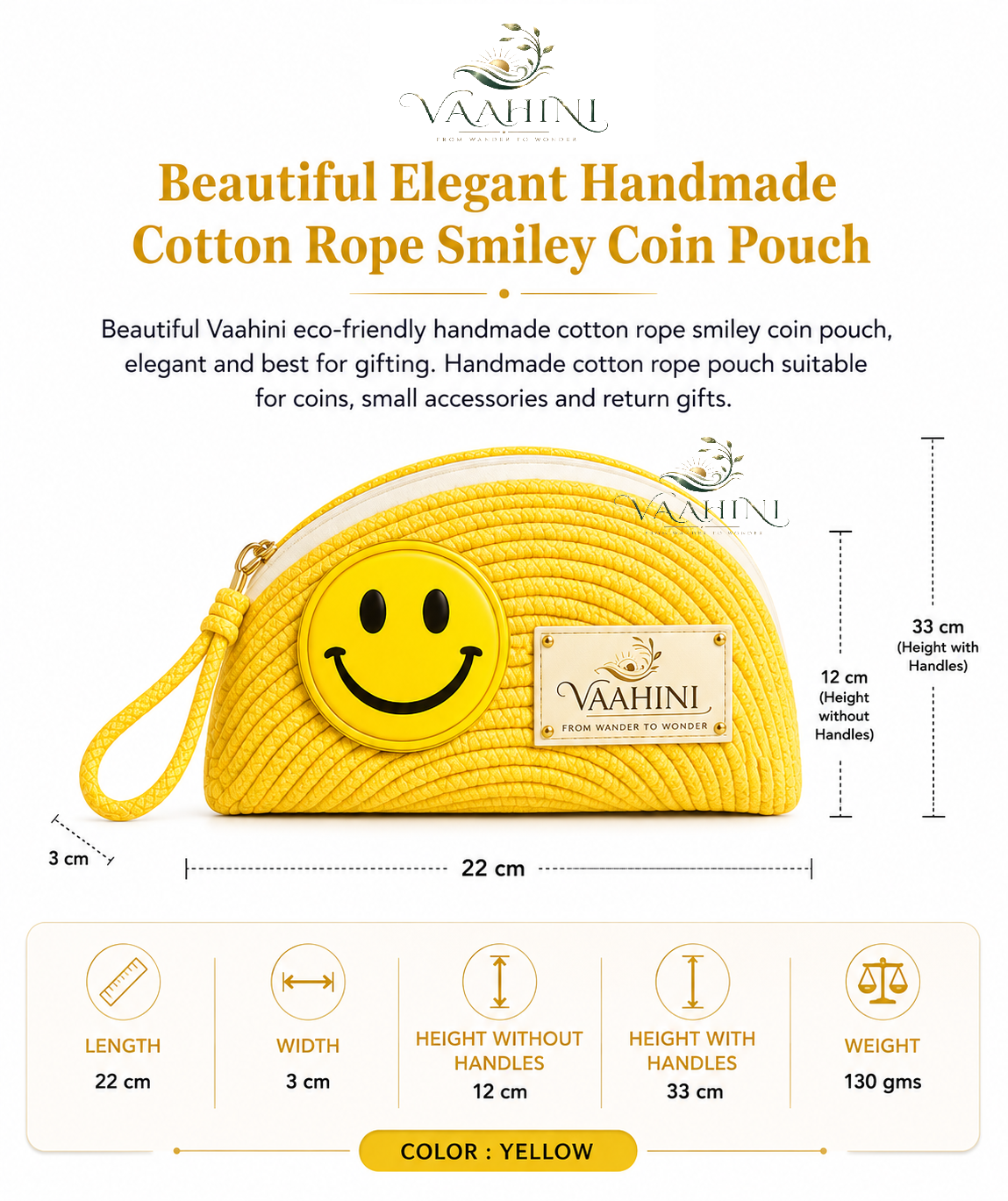 Vaahini Cotton Rope Smiley Coin Pouch Yellow - Dimensions and specifications