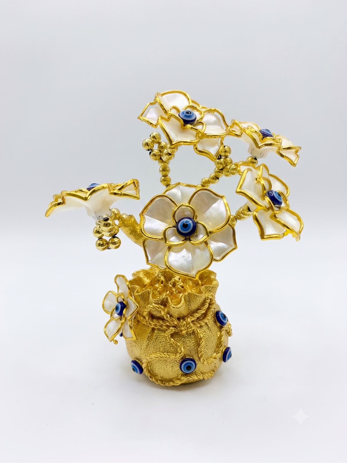 Aura & Hues 6.5-Inch Feng Shui Evil Eye Tree with Mini Money Potli Base - Blue & Gold