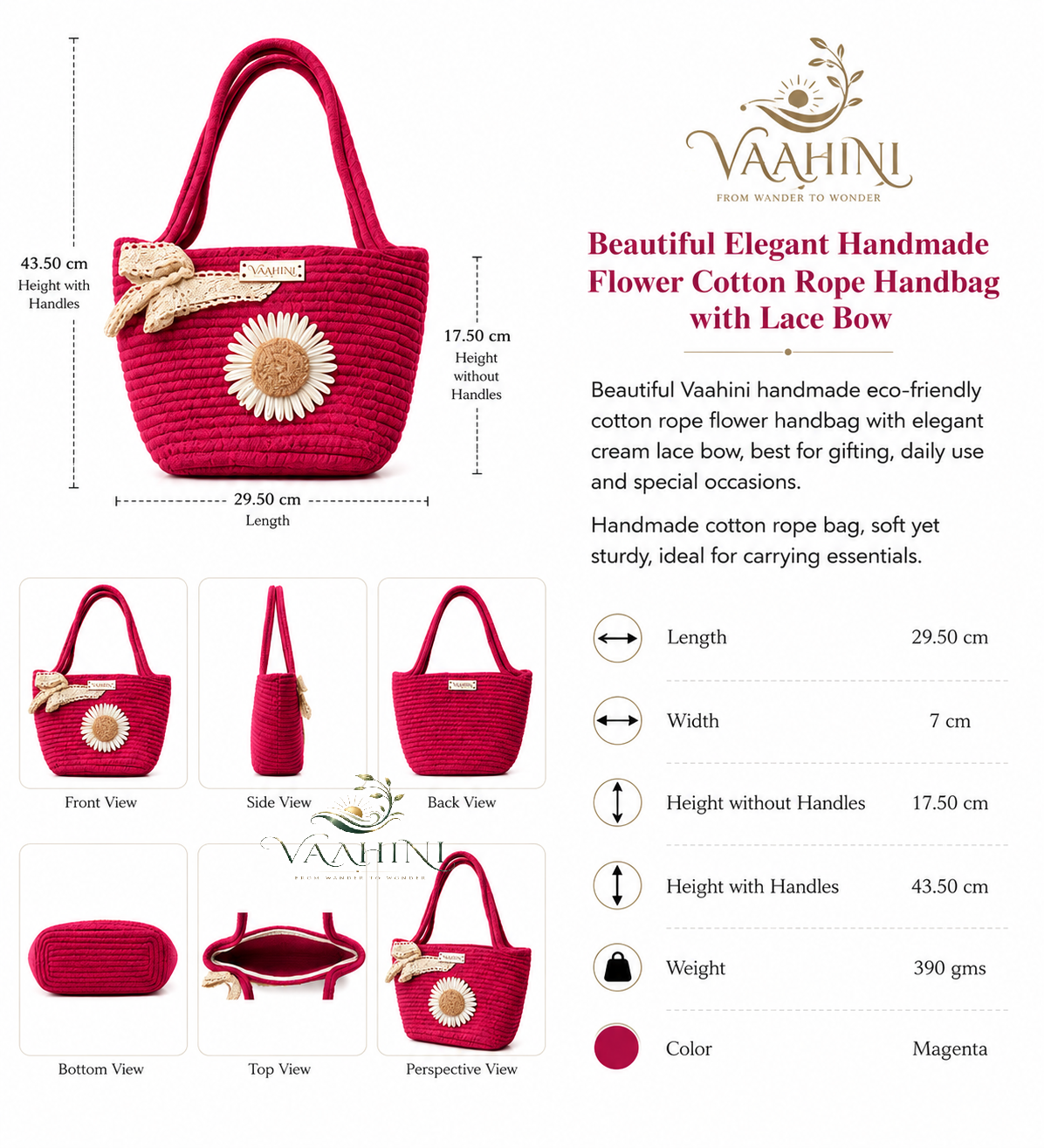 Vaahini Cotton Rope Daisy Handbag Magenta - Multiple Views