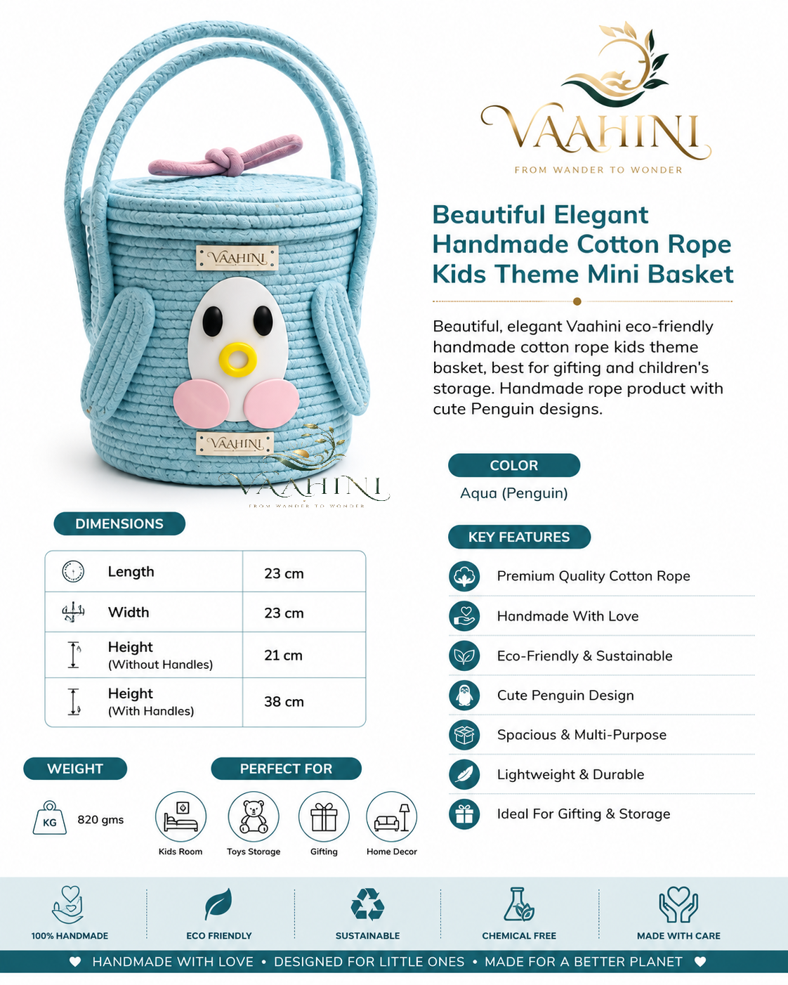 Vaahini Cotton Rope Penguin Aqua Basket - Product Info