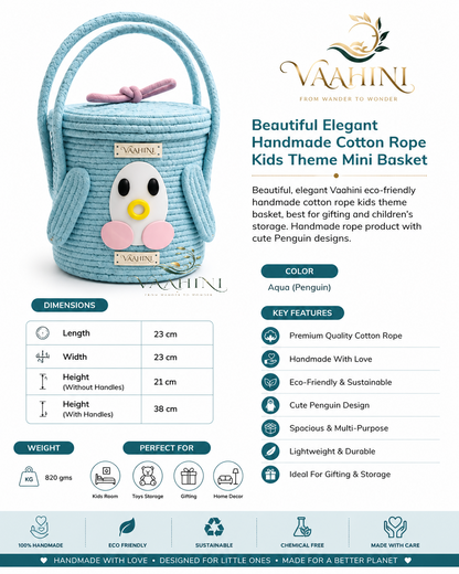 Vaahini Cotton Rope Penguin Aqua Basket - Product Info