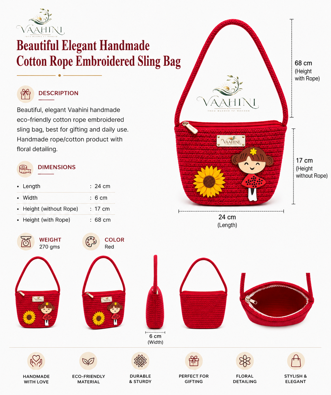 Vaahini Cotton Rope Doll Sling Bag Red - Lifestyle
