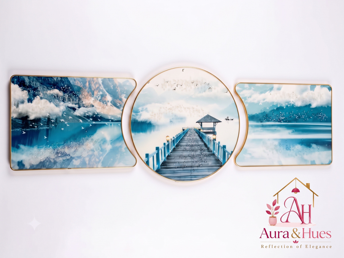 Aura & Hues China Blue & Gold Contemporary Abstract Crystal Wall Art - 46x15 Inches