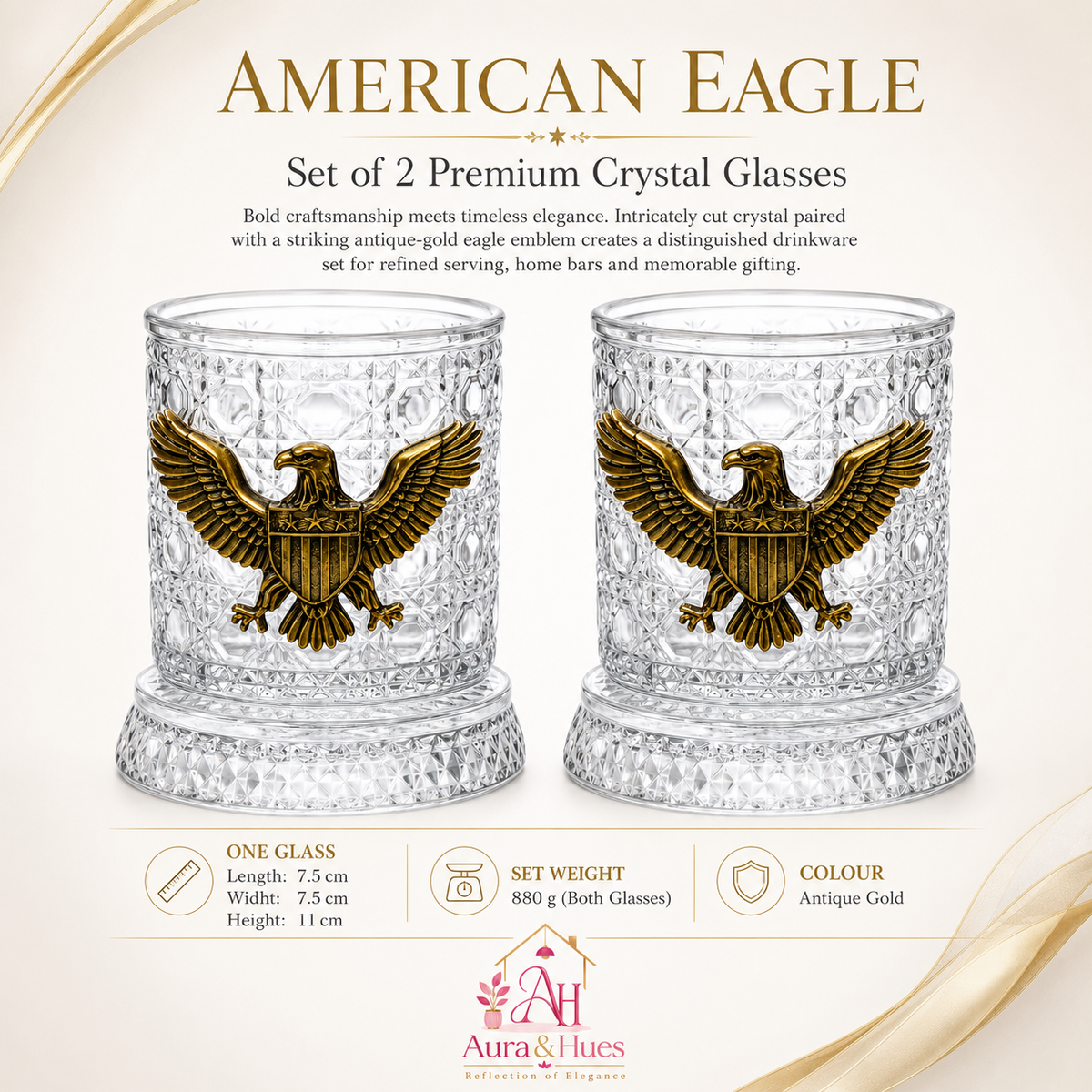 Aura & Hues Imperial Antique Silver Eagle Wine Glasses Set of 2 Handcrafted Embossed Metal Stemware Goblets for Bar Decor