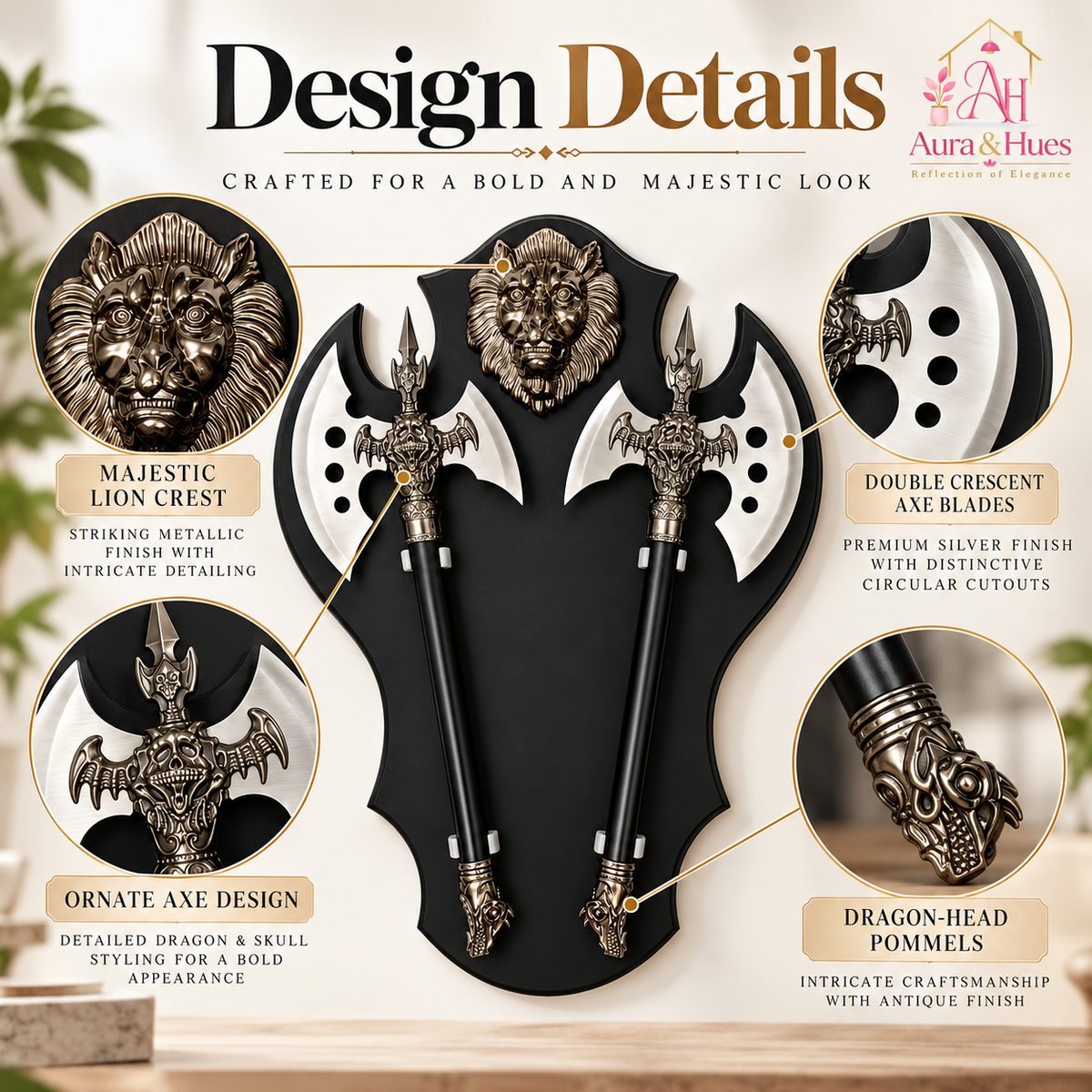 Axe Set of 2 with Lion Face Wall Hanging Board