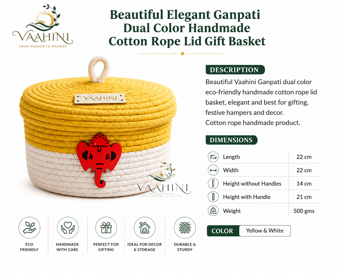 Vaahini Ganpati Cotton Rope Basket - Dimensions & Description