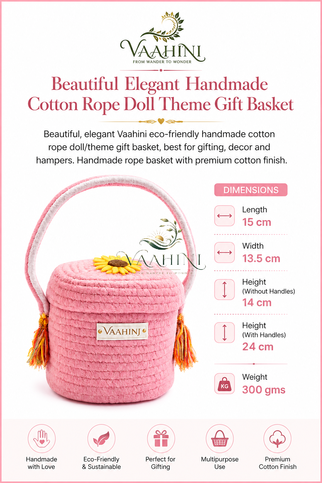 Vaahini pink cotton rope basket front view
