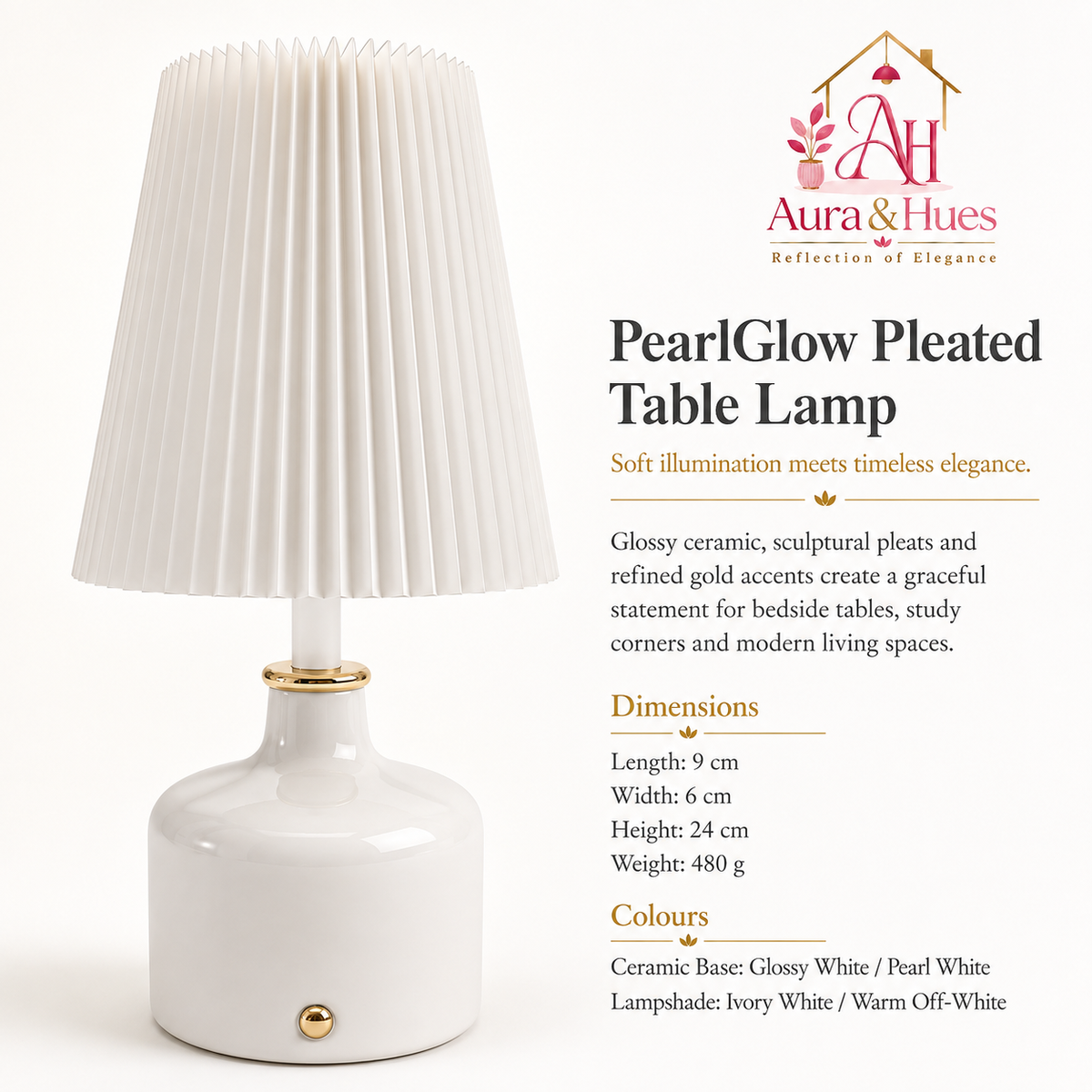 Aura & Hues PearlGlow Pleated Table Lamp Elegant Glossy Pearl White Ceramic Accent Light with Ivory Shade for Bedside & Living Room